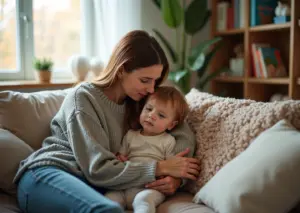 Мама ласково поддерживает своего высокочувствительного ребенка в уютной домашней обстановке с развивающими игрушками и книгами