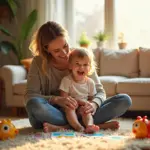 Родитель и ребенок играют с карточками эмоций в уютной комнате