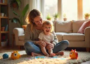 Родитель и ребенок играют с карточками эмоций в уютной комнате