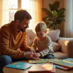 Родитель обучает дошкольника чтению дома с помощью книг и развивающих игр