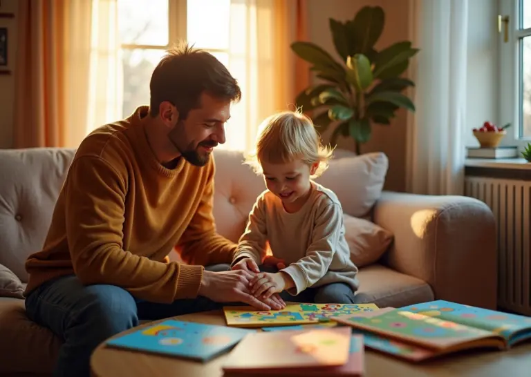 Родитель обучает дошкольника чтению дома с помощью книг и развивающих игр