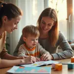 Ребенок и родитель готовятся к собеседованию в первый класс с развивающими играми и учебниками