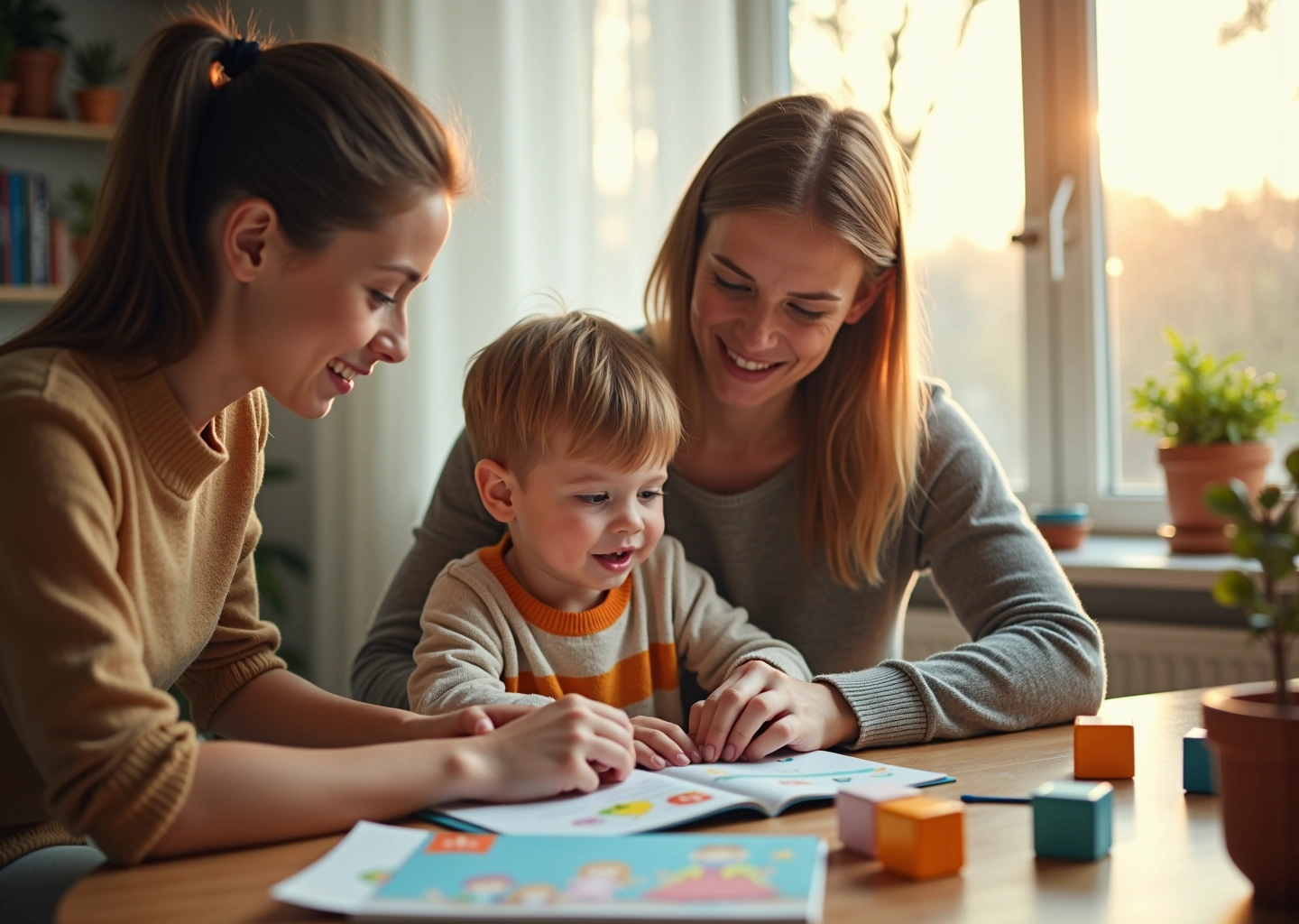 Ребенок и родитель готовятся к собеседованию в первый класс с развивающими играми и учебниками