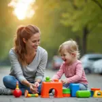 Счастливая мама и ребёнок играют в развивающие игры в машине на парковке на природном фоне