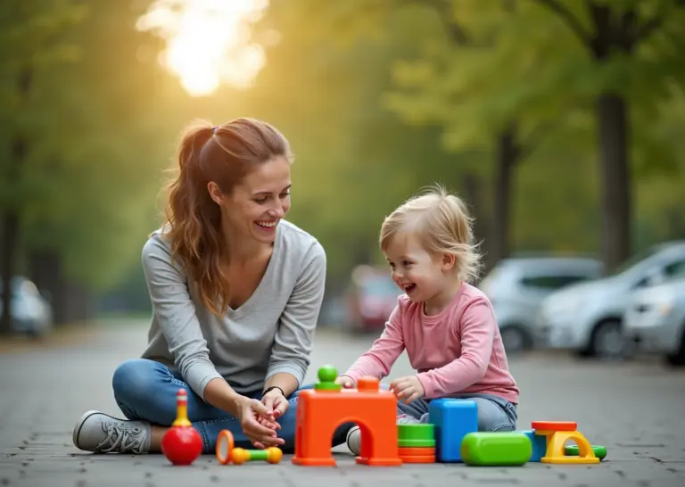 Счастливая мама и ребёнок играют в развивающие игры в машине на парковке на природном фоне