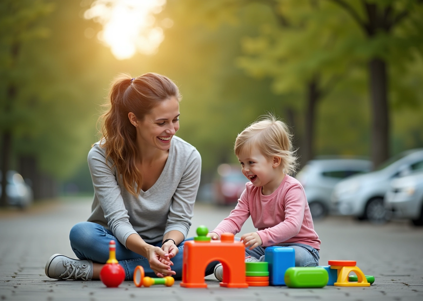 Счастливая мама и ребёнок играют в развивающие игры в машине на парковке на природном фоне
