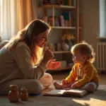 Родитель спокойно разговаривает с дошкольником в уютной домашней обстановке с развивающими игрушками