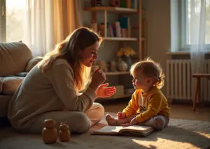Родитель спокойно разговаривает с дошкольником в уютной домашней обстановке с развивающими игрушками